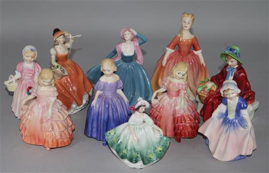 Eight small Royal Doulton figures and two Coalport